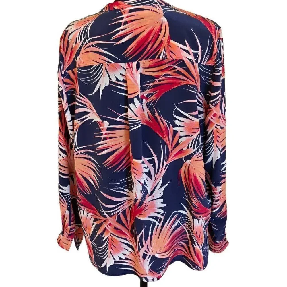 Tommy Bahama Womens Long Sleeve Tropical Silk Blouse Coral Navy Blue Medium